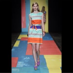 Marimekko abstract dress colorblock polka dot shift tie waist